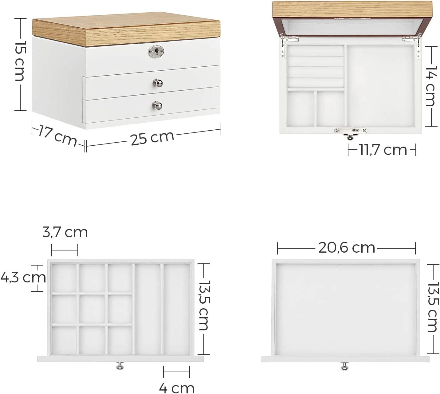 SONGMICS Cutie de bijuterii cu 3 nivele, 2 sertare, capac cu oglinda, 17x25x15cm, alb si maro