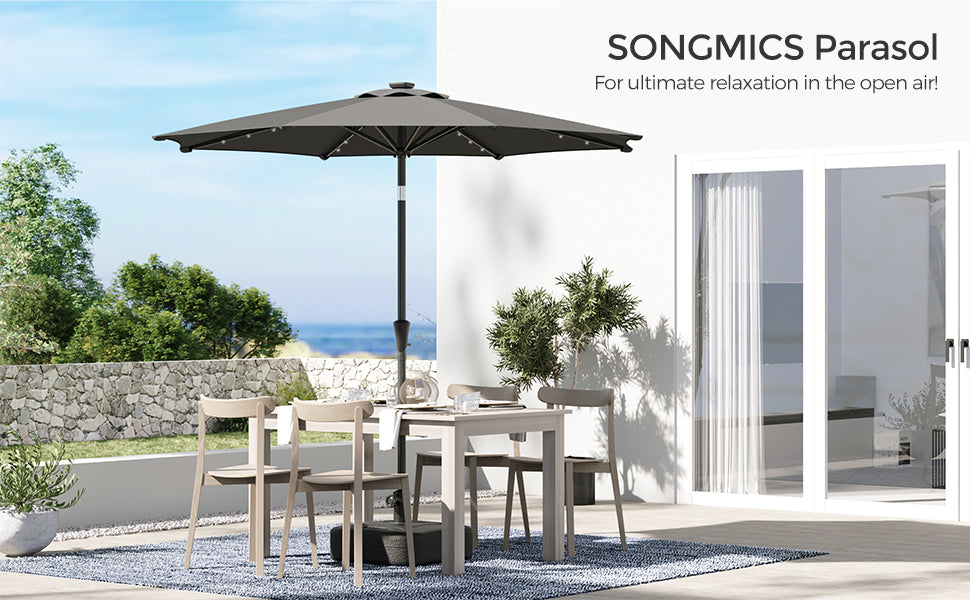 SONGMICS Umbrela de gradina, iluminare LED solara, cu manivela pentru deschidere, sistem inclinare, 300cm, gri - 8