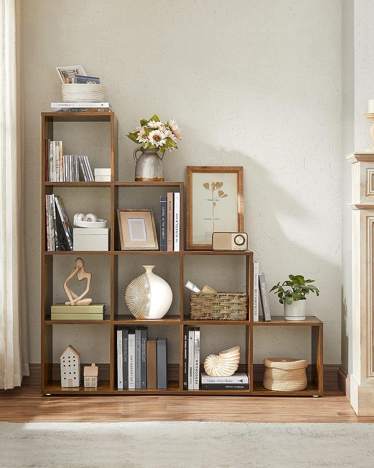 VASAGLE Biblioteca cu 10 compartimente, unitate de depozitare pentru decoratiuni, din lemn, 29x129x129cm, maro rustic