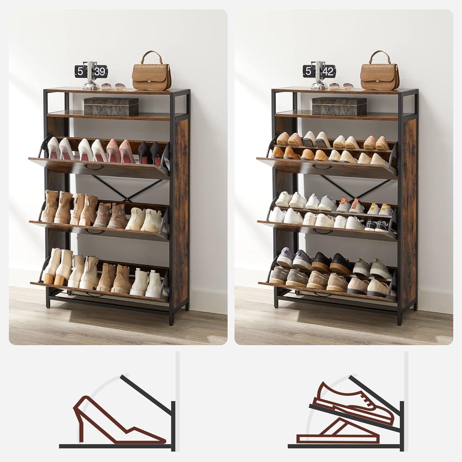 VASAGLE Dulap pantofi din MDF cu ​​3 usi basculante, pentru 15-24 perechi, 80x30x130cm, maro rustic