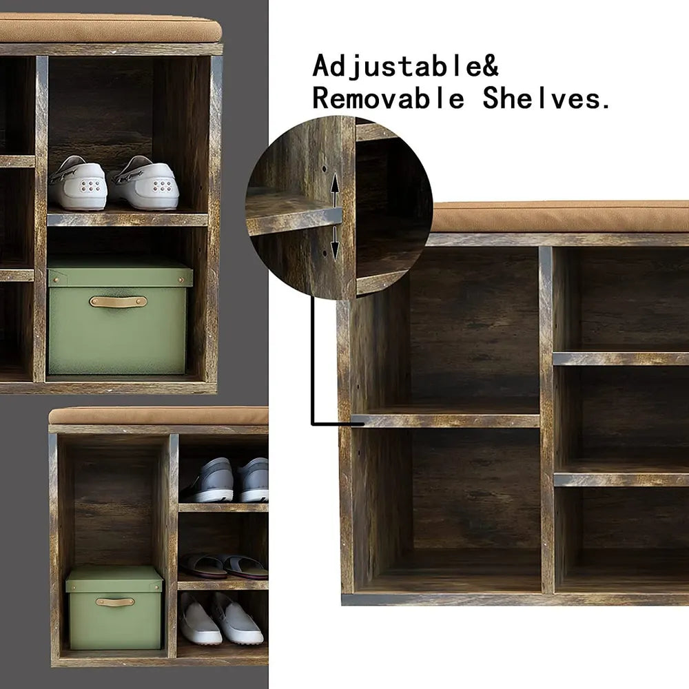 Banca pentru hol cu suport pentru pantofi, 10 compartimente, cu perna, 104x48x30cm, maro rustic
