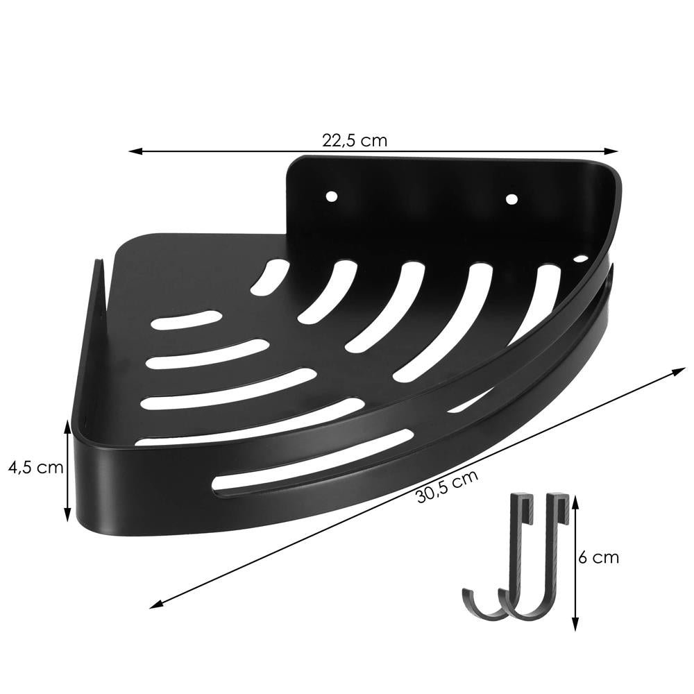 Raft de baie pentru colt cu 2 sisteme instalare pe perete, aluminiu, 30x22x4cm, negru