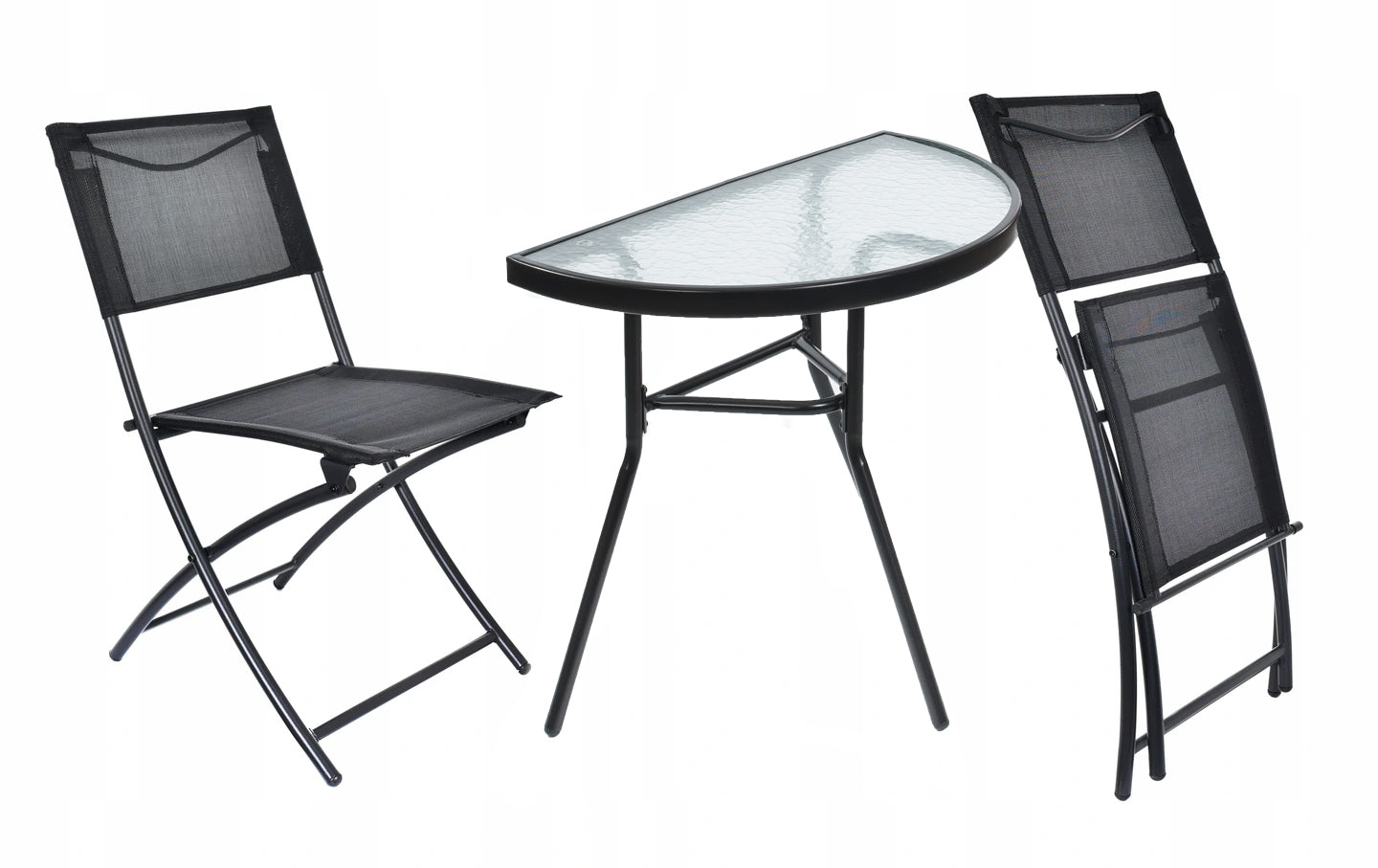 Set mobilier gradina sau balcon, masa semirotund sticla cu 2 scaune pliabile, gri