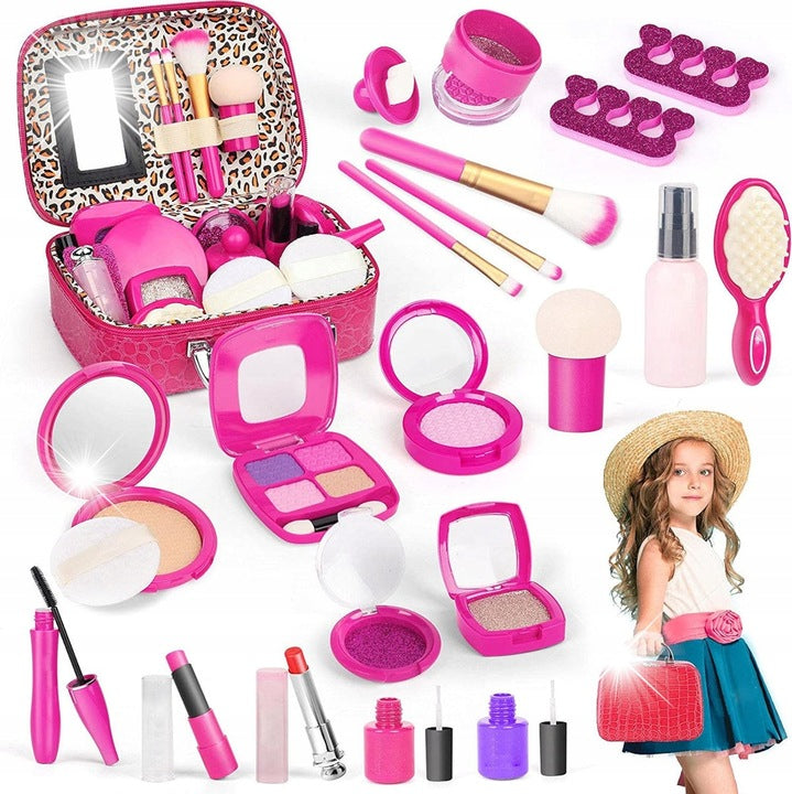 Trusa de machiaj pentru fetite, geanta cu 22 de accesorii cosmetice, fara lichide sau substante chimice, roz