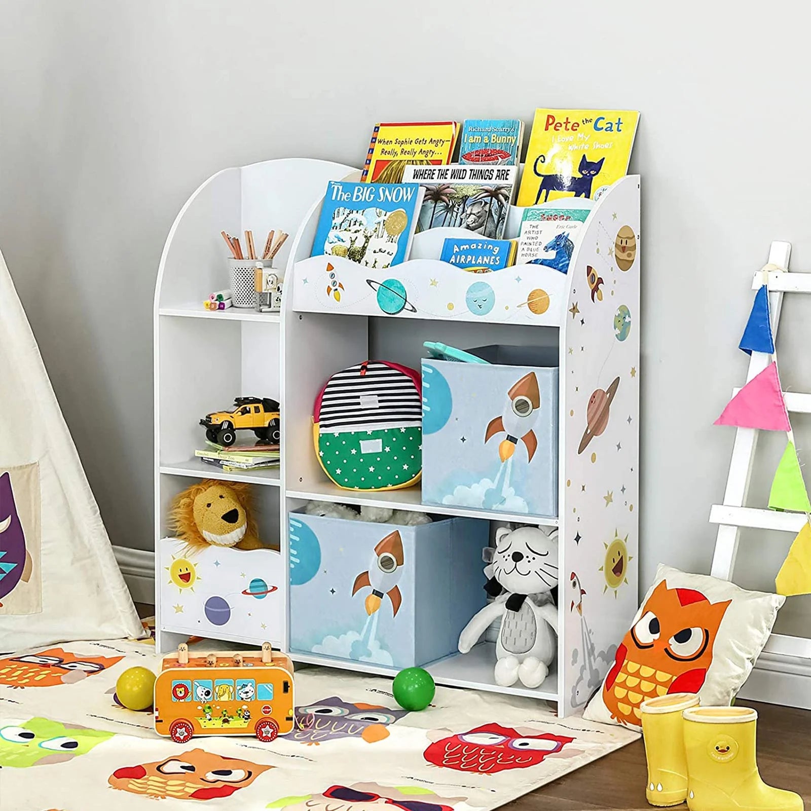 SONGMICS Organizator de jucarii si carti pentru copii, multifunctional cu 2 cutii de depozitare, 93x30x100cm, alb