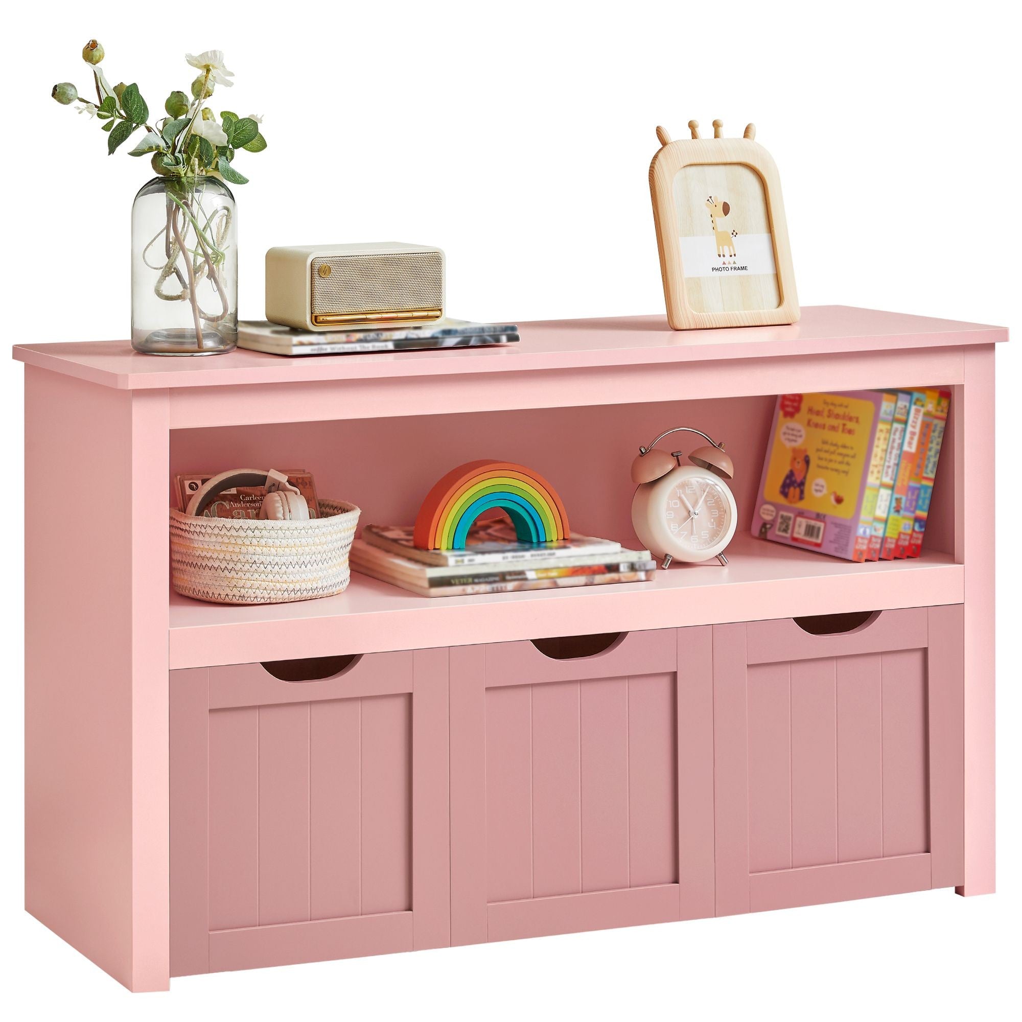 VASAGLE Dulap depozitare jucarii, din MDF, cu 3 compartimente detasabile pe roti, 30x102x60 cm, roz