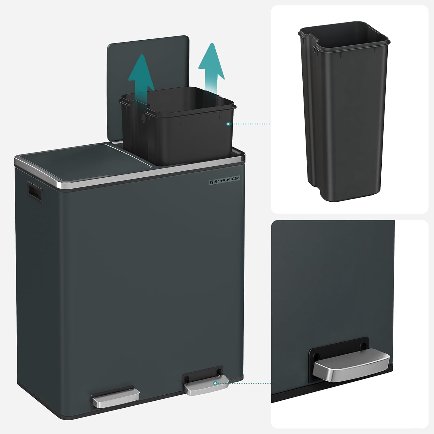 SONGMICS Cos de gunoi din inox cu 2 compartimente colectare selectiva, cu galeti interioare, 2x30litri, gri inchis