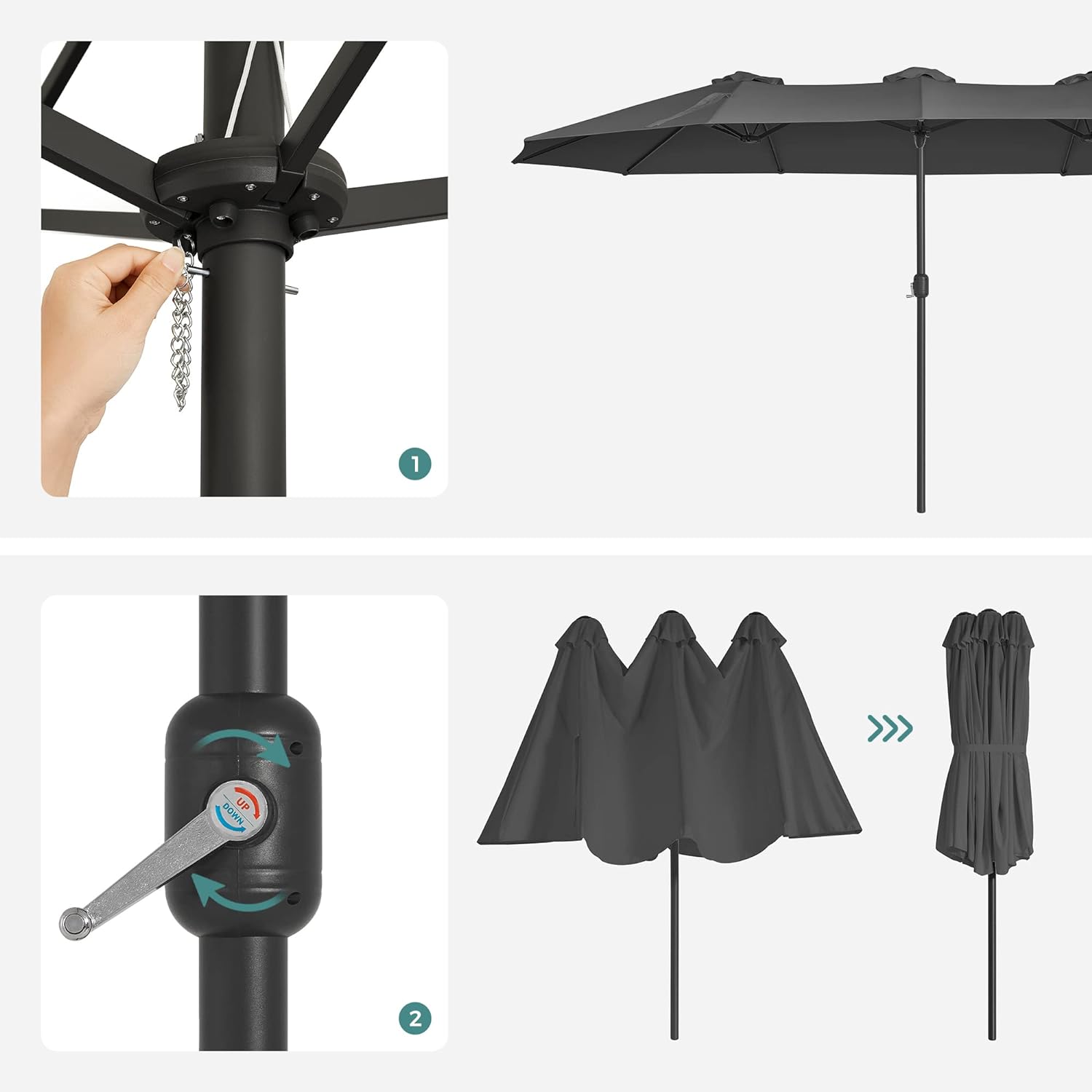 SONGMICS Umbrela de gradina dubla, cu manivela, 460 x 270 cm, gri