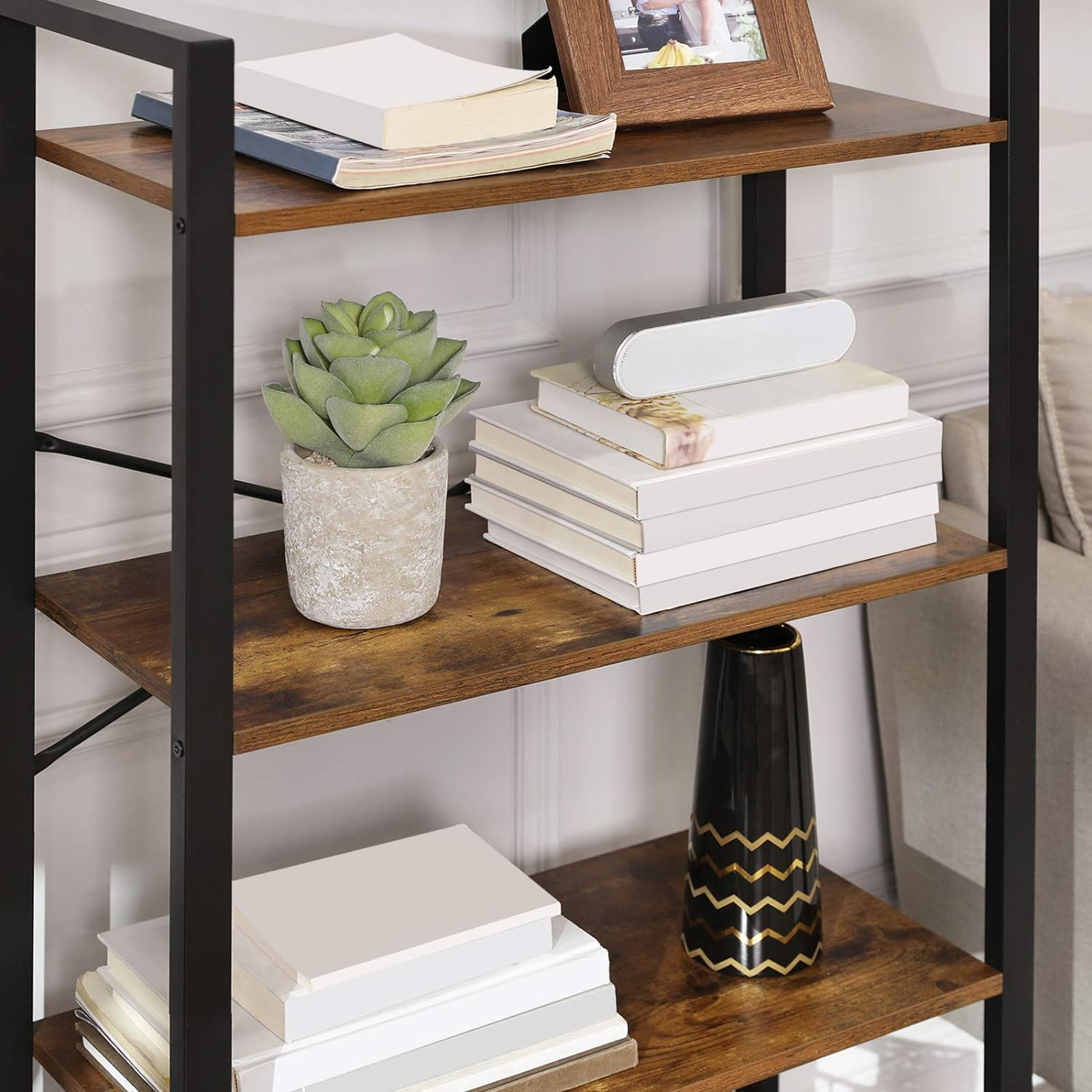 VASAGLE Biblioteca cu 4 etaje din lemn, cadru otel, stil industrial, 66x30x120cm, maro rustic - 8
