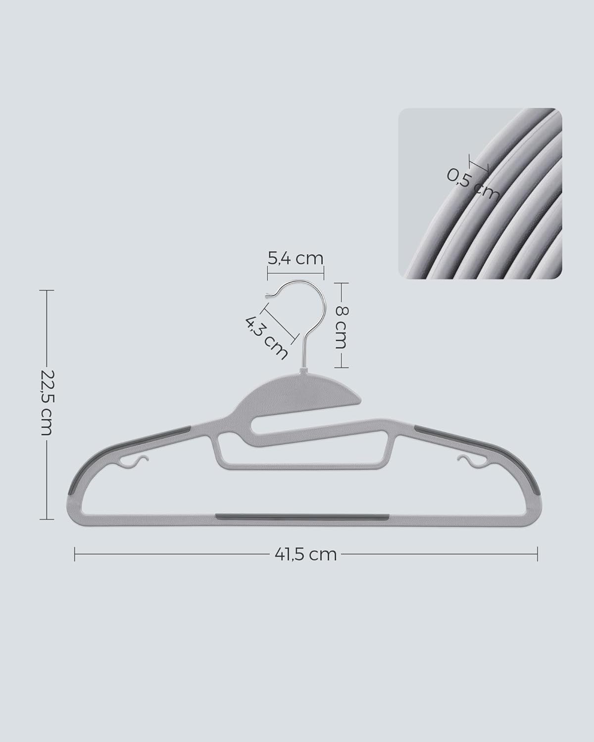 SONGMICS Set de 50 de umerase pentru haine, anti alunecare, bara de cravata si carlig pivotant, 42 cm, gri
