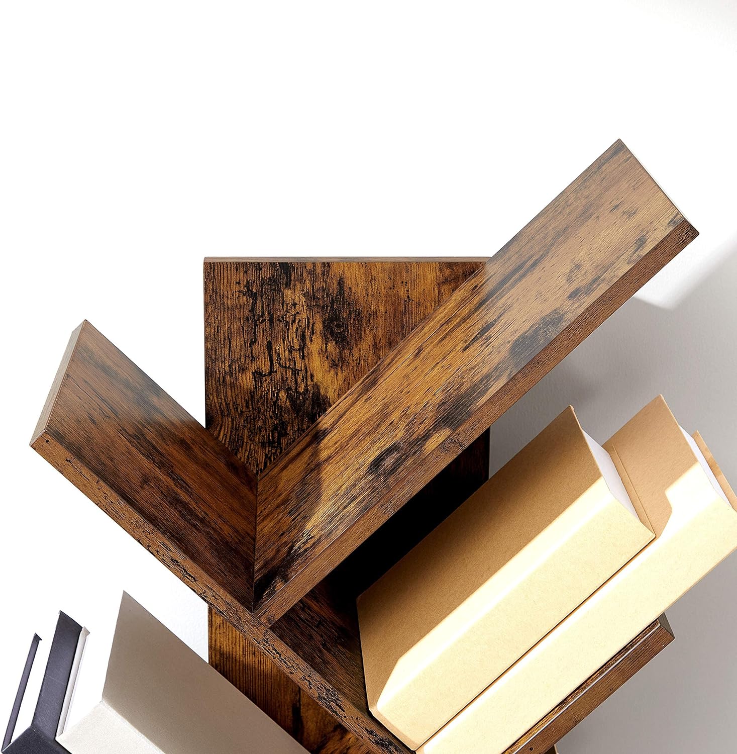Biblioteca de podea cu 8 etaje, cu rafturi din lemn in forma V, 25x141x50cm, maro rustic