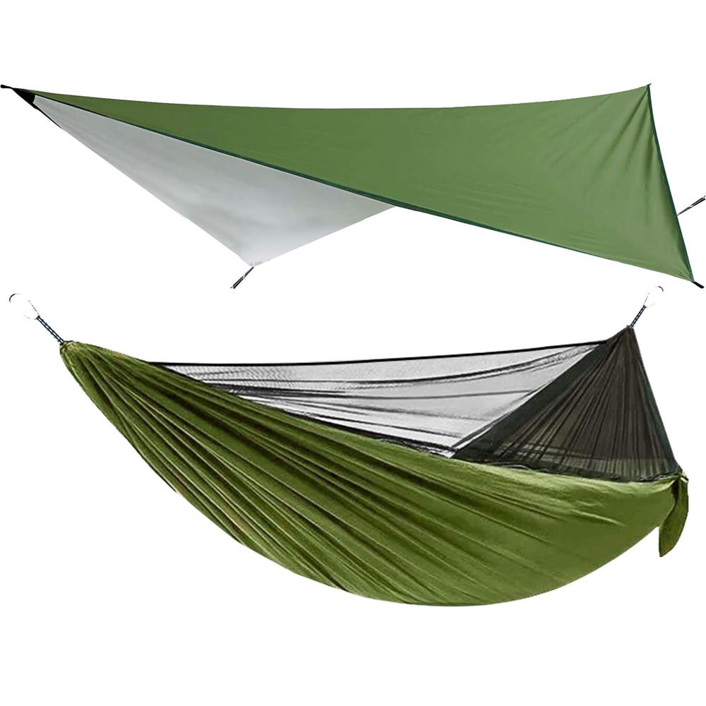 Hamac dublu din material parasuta 140x260cm, cu plasa de tantari si baldachin impermeabil, 200kg, verde