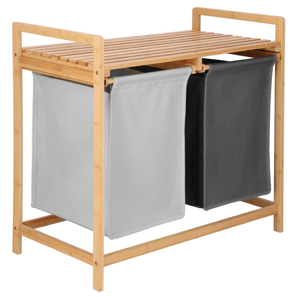 Cos de rufe din bambus, cu 2 saci detasabili, raft superior, capacitate de 40L per sac, 67x36x70cm, maro