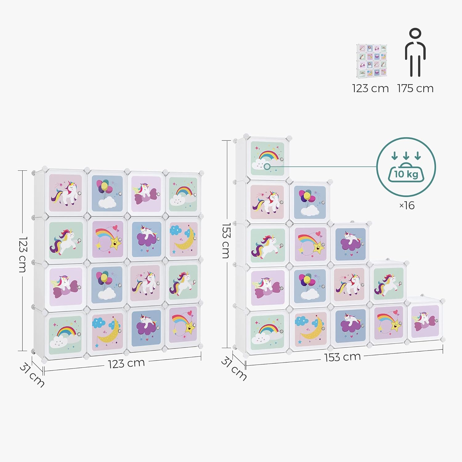 SONGMICS Dulap modular de depozitare jucarii, 16 cuburi cu usi, 123x31x123cm, alb