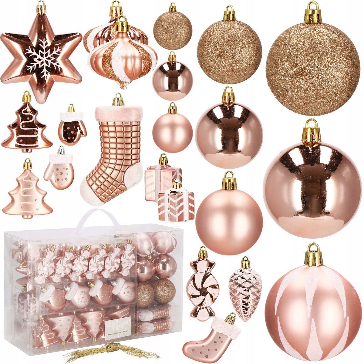 Set globuri si decoratiuni de Craciun, 77 piese, diverse dimensiuni, roz auriu