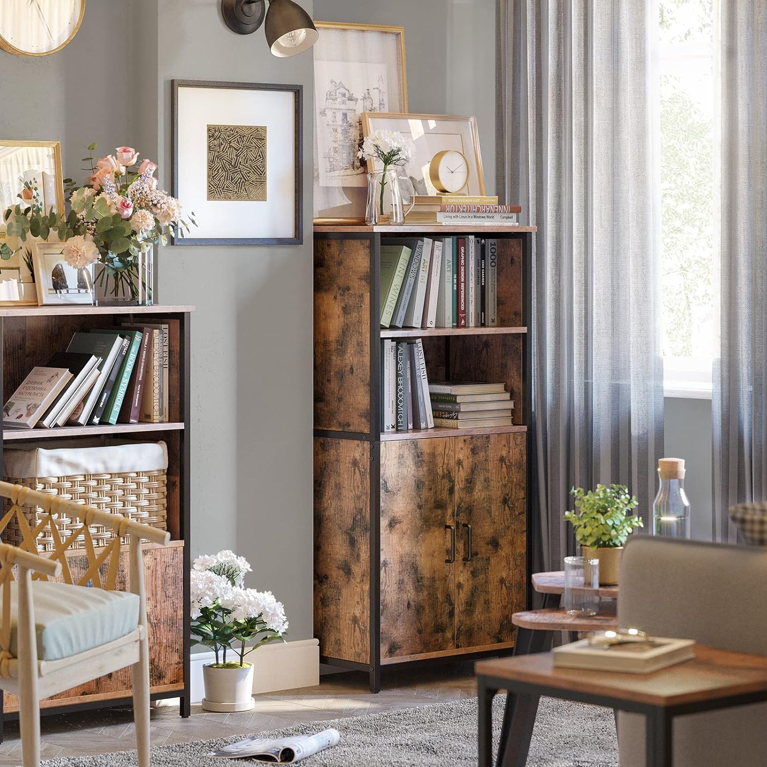 VASAGLE Comoda cu rafturi tip bufet, utilizare multifunctionala, stil industrial, 35x60x125cm, maro rustic - 2