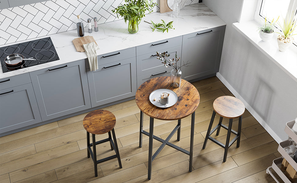 VASAGLE Set 2 scaune bar inalte, sezut rotund, cadru din otel, inaltime 65 cm, stil industrial, maro rustic si negru