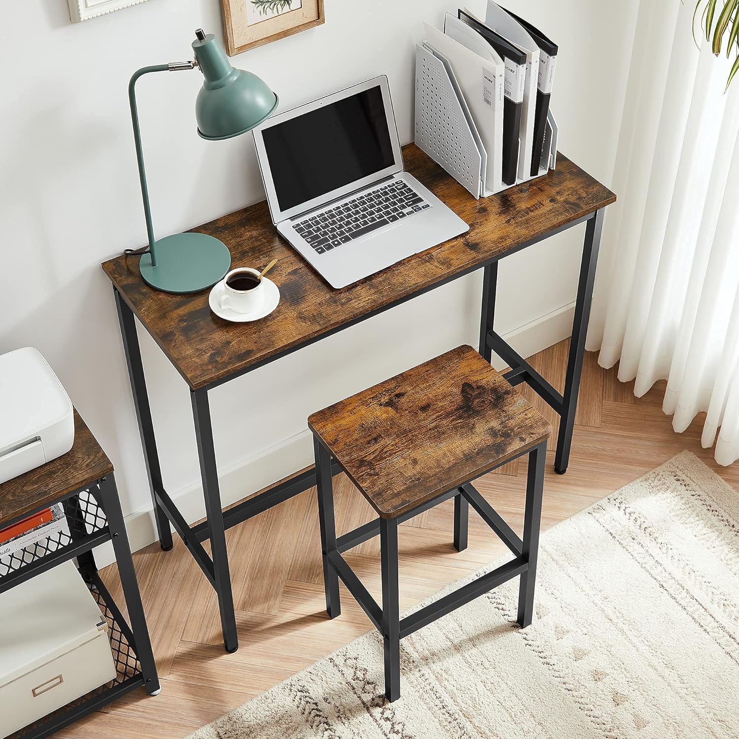 VASAGLE Set masa de bar cu 2 scaune, cadru din otel, blat lemn, design industrial, 100x40x90cm, maro rustic si negru