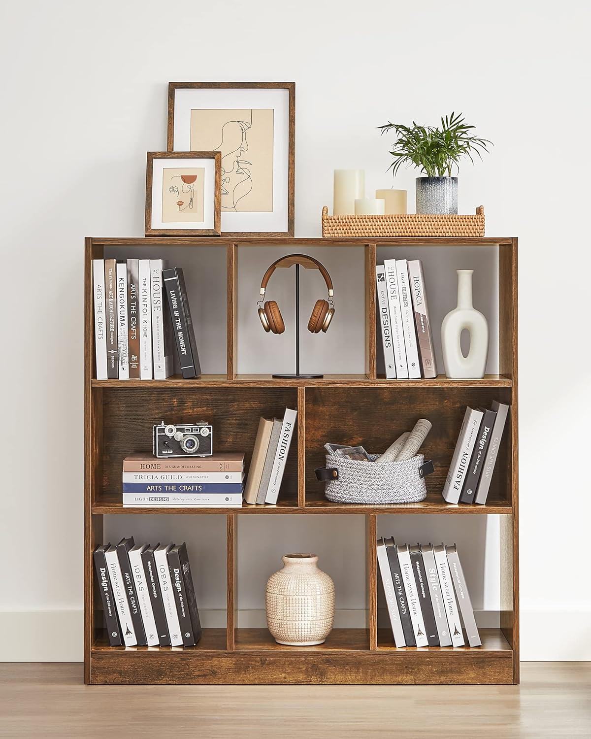 VASAGLE Biblioteca, raft cu 8 unitati de depozitare, pentru living, din lemn, 97x30x100cm, maro rustic