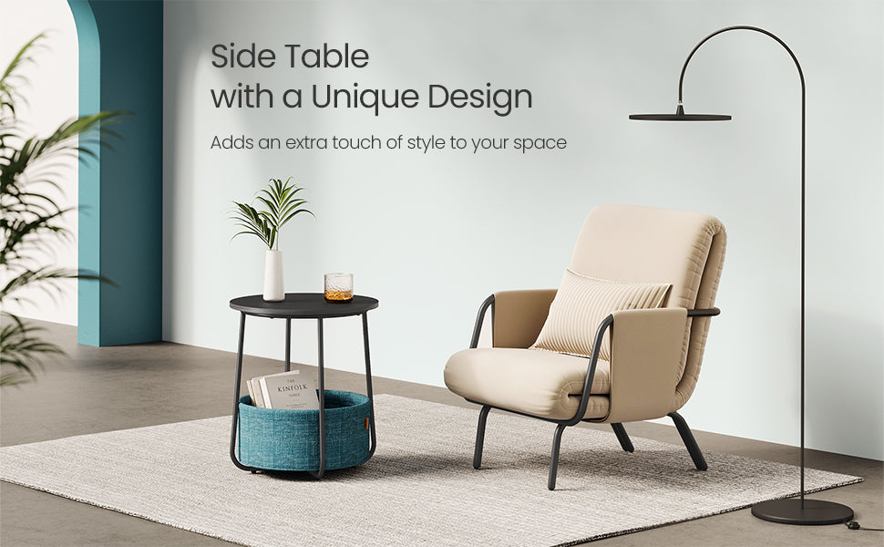 VASAGLE Masuta de cafea rotunda cu cos de stofa, stil modern, 45x50cm, negru cu turcoaz inchis