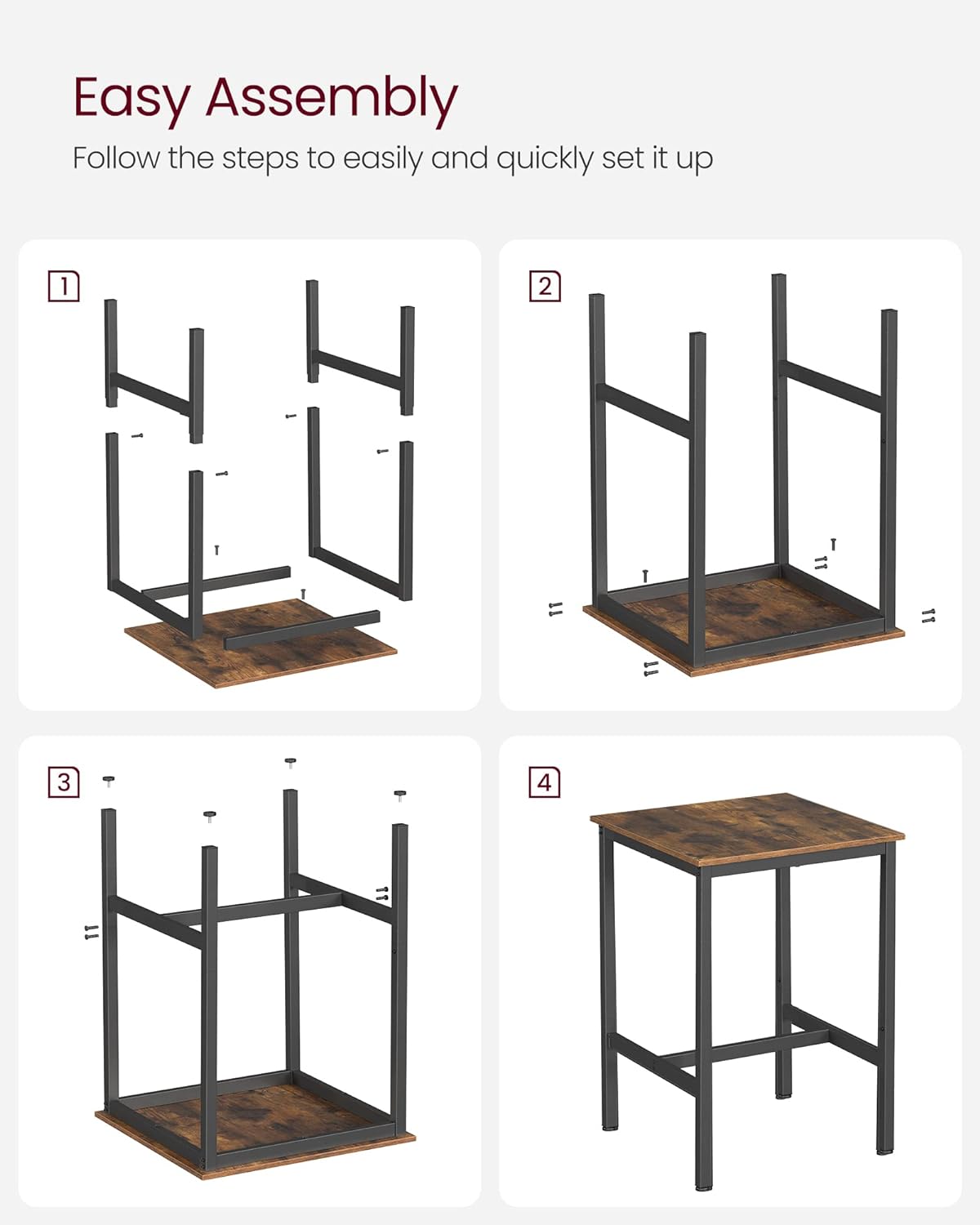 VASAGLE Masa de bar pentru bucatarie, patrata, inalta, cadru de otel, 60x60x92cm, stil industrial, maro rustic si negru