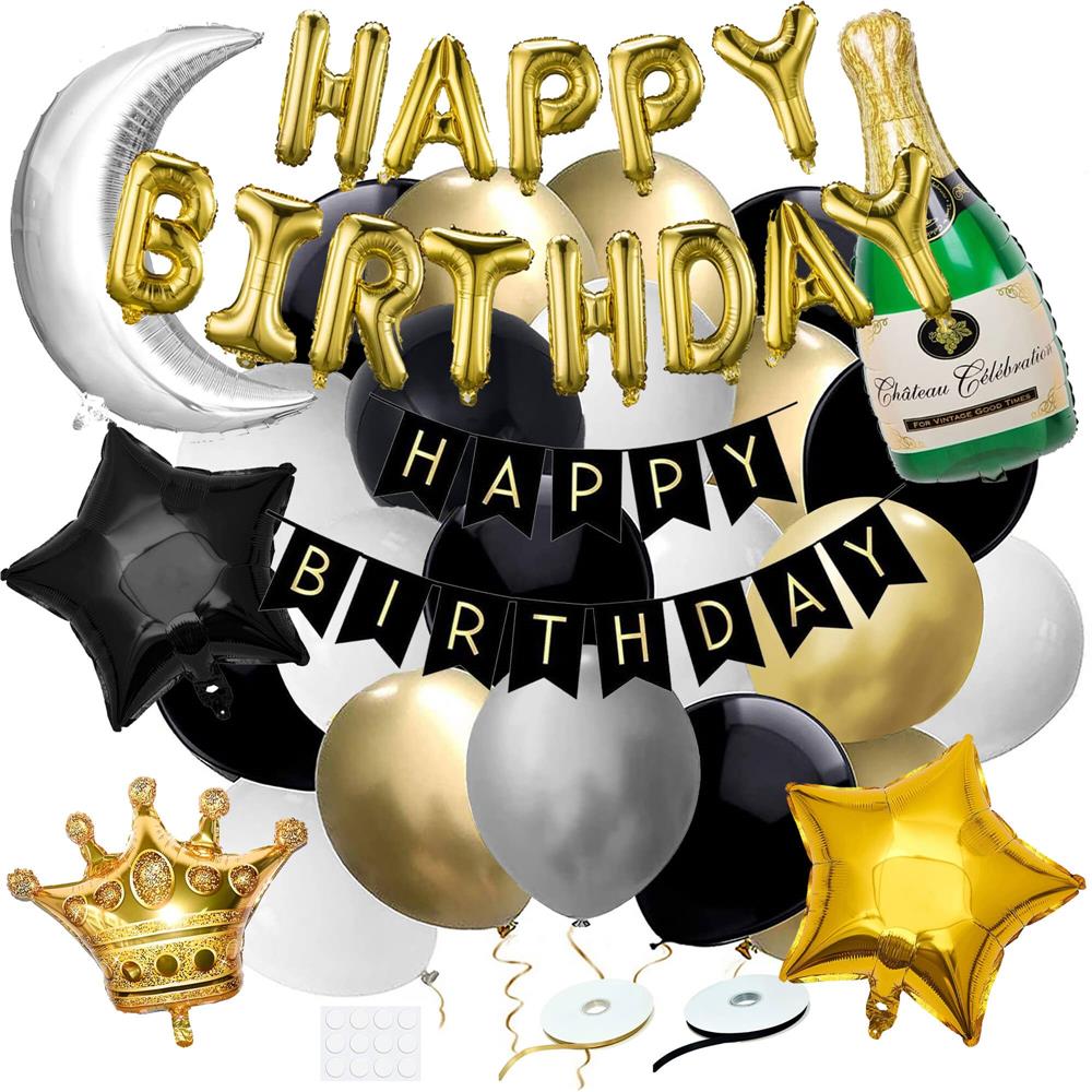Set 53 baloane si decoratiuni, Happy Birthday, argintiu, negru, auriu