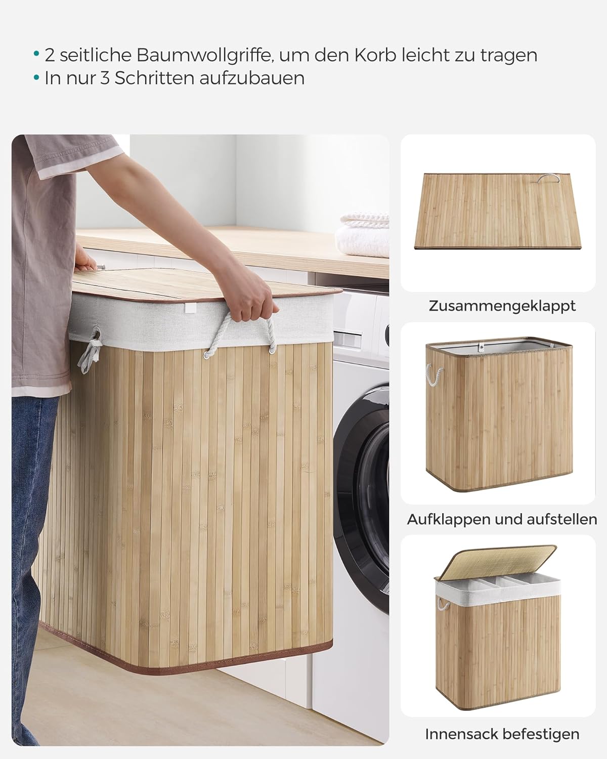 SONGMICS Cos de rufe din bambus, pliabil, cu captuseala detasabila lavabila, 3 compartimente, 150L, 60x40x60cm, natural