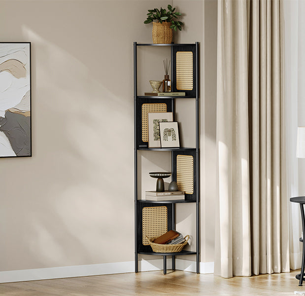 VASAGLE Raft de colt boho, cadru metalic, polite MDF si panouri poliratan, 32x32x156cm, negru - 7