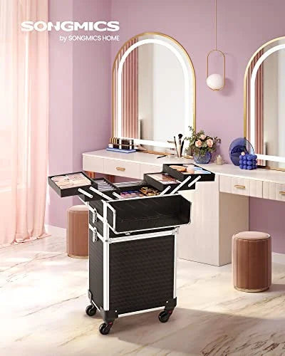 SONGMICS Valiza pentru cosmetice cu roti, profesionala, inchidere cu cheie, 24x34x70cm, negru