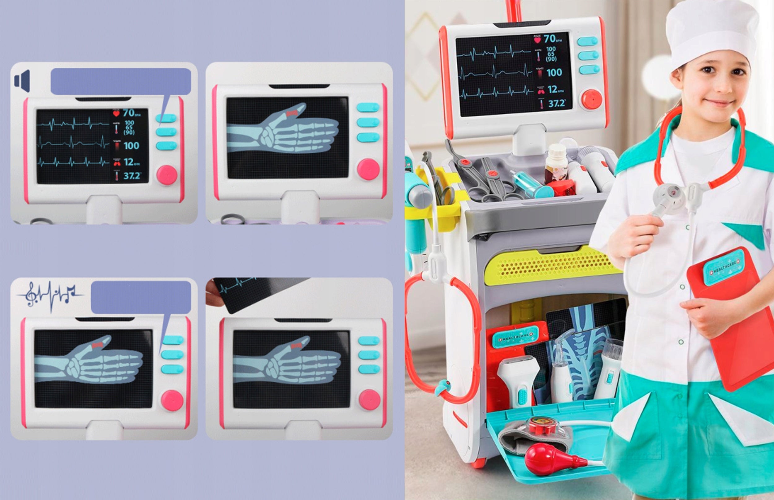 Set de joaca, carucior medical cu aparatura si instrumente, cu sunete si lumini