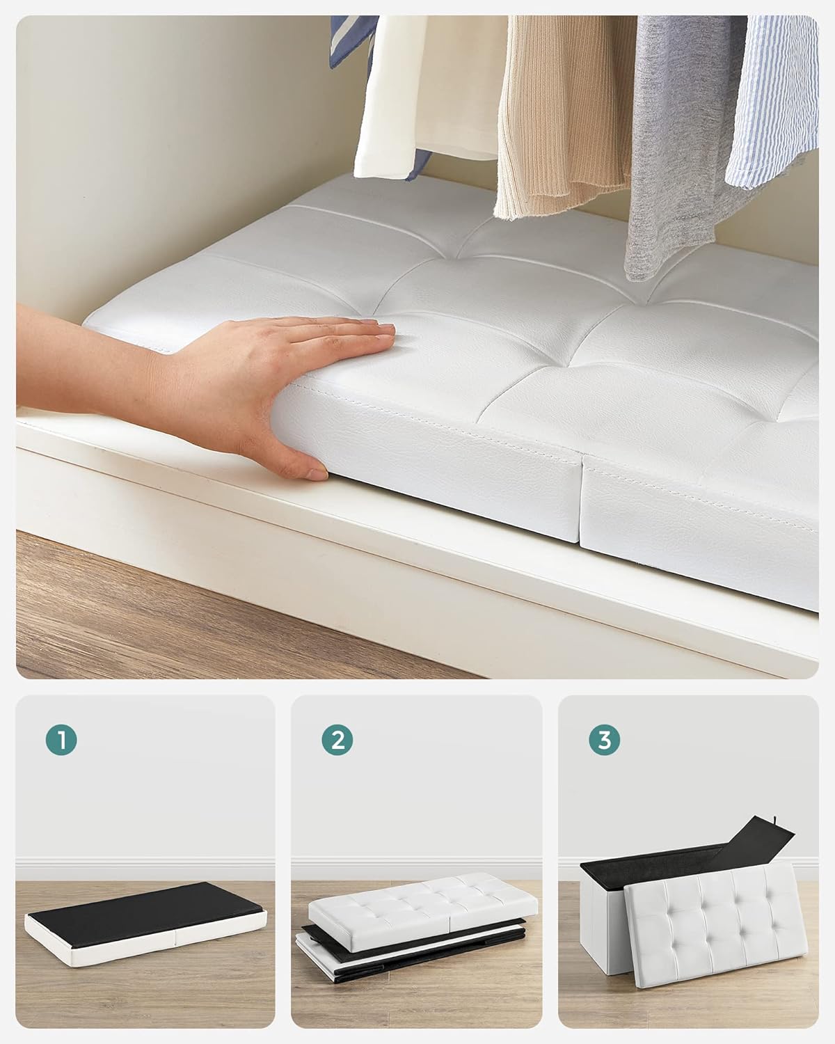 SONGMICS Taburet pliabil cu sezut moale, spatiu depozitare 80 litri, max 300kg, 76x38x38 cm, alb