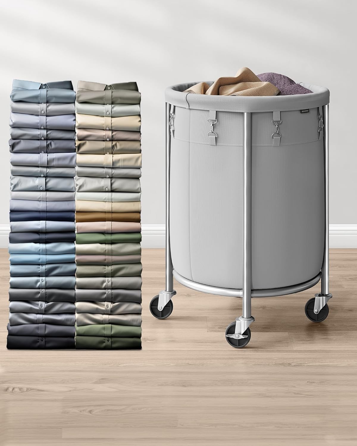 SONGMICS Cos de rufe rotund cu roti, cadru din otel, sac de rufe detasabil, 110 litri, gri