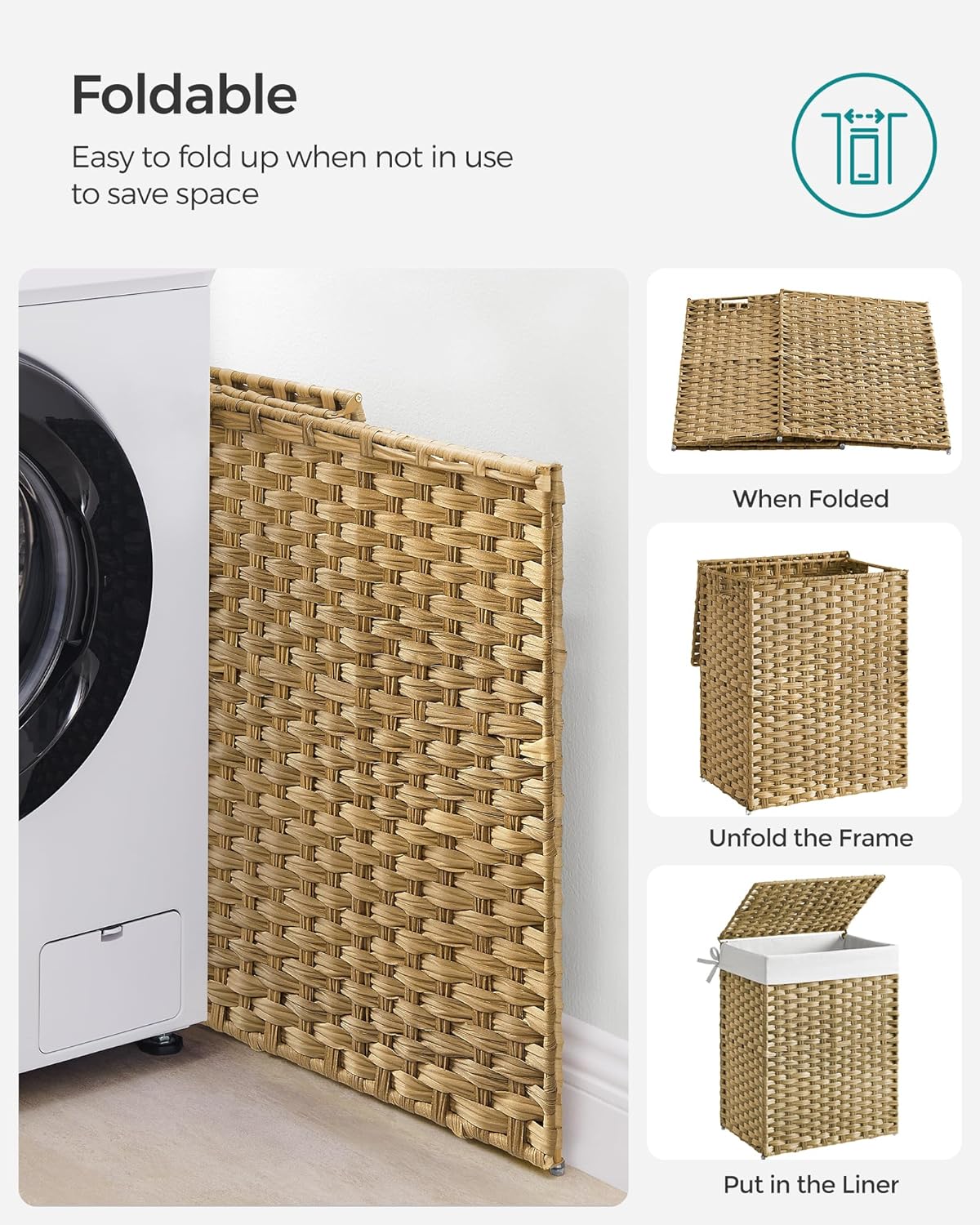 SONGMICS Cos de rufe stil ratan, cu captuseala detasabila lavabila, 90 litri, 46x33x60 cm, natural