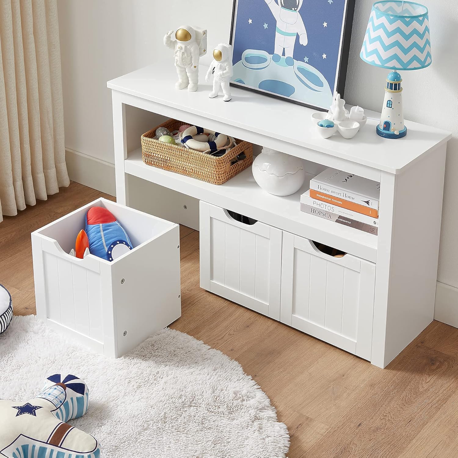 VASAGLE Comoda cu spatiu depozitare jucarii, 3 dulapuri mobile, 102x30x60 cm, alb - 8