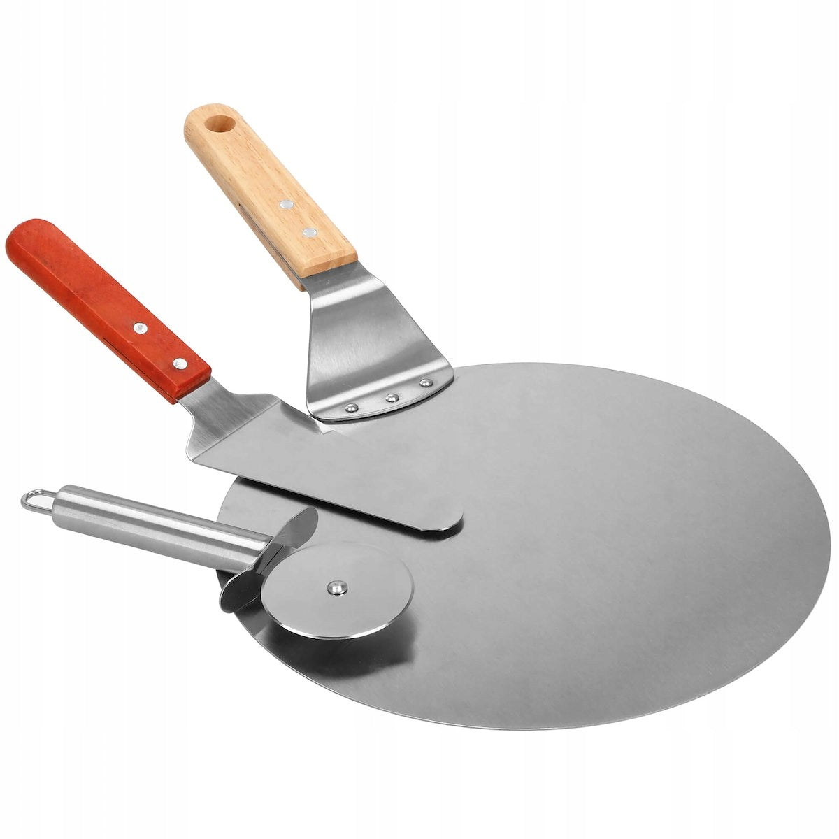 Set 3 accesorii pentru pizza, tava, spatula si taietor, inox cu manere din lemn