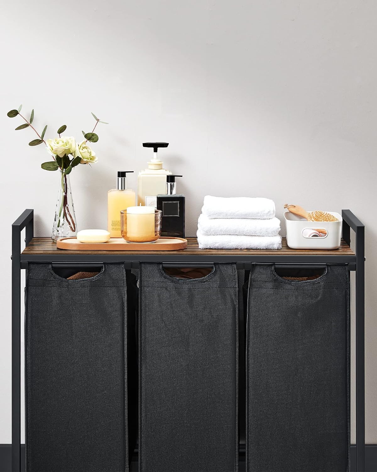 VASAGLE Cos de rufe, 3 compartimente, saci de rufe detasabili, raft, cadru metalic, 3x38L, 93x33x72 cm, maro rustic si negru - 8