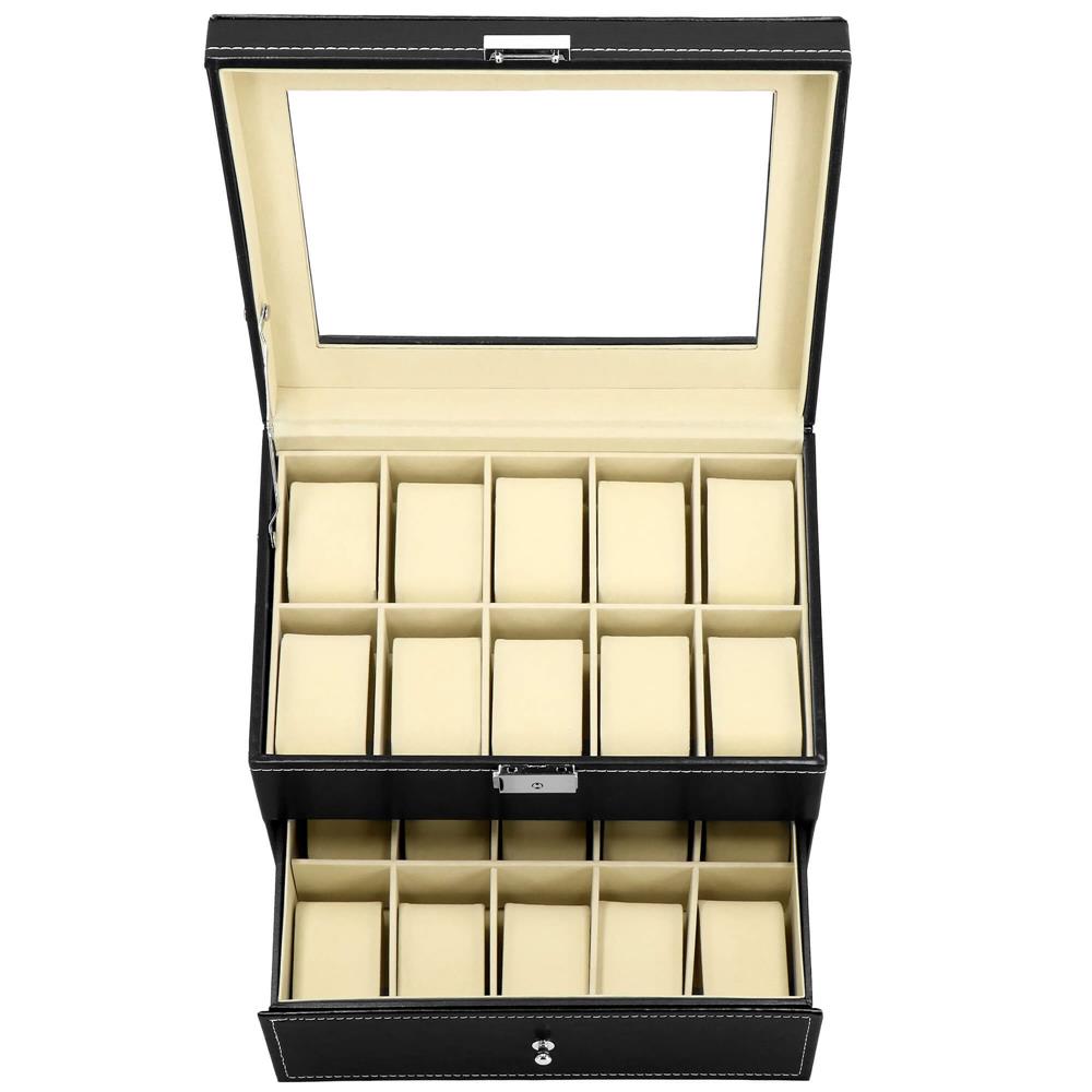 Cutie depozitare si organizare ceasuri, MDF, piele ecologica, 28x20x16,5cm, negru interior crem
