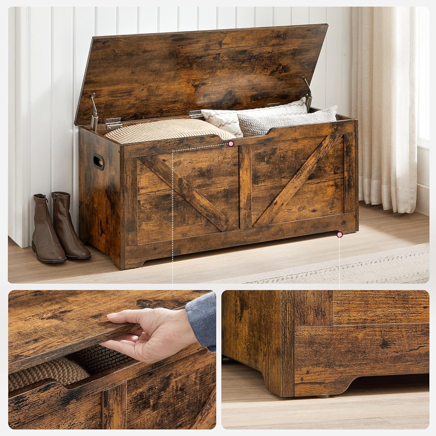VASAGLE Banca de depozitare tip cufar, cu 2 balamale de siguranta, stil hambar, 40x100x46cm, maro rustic