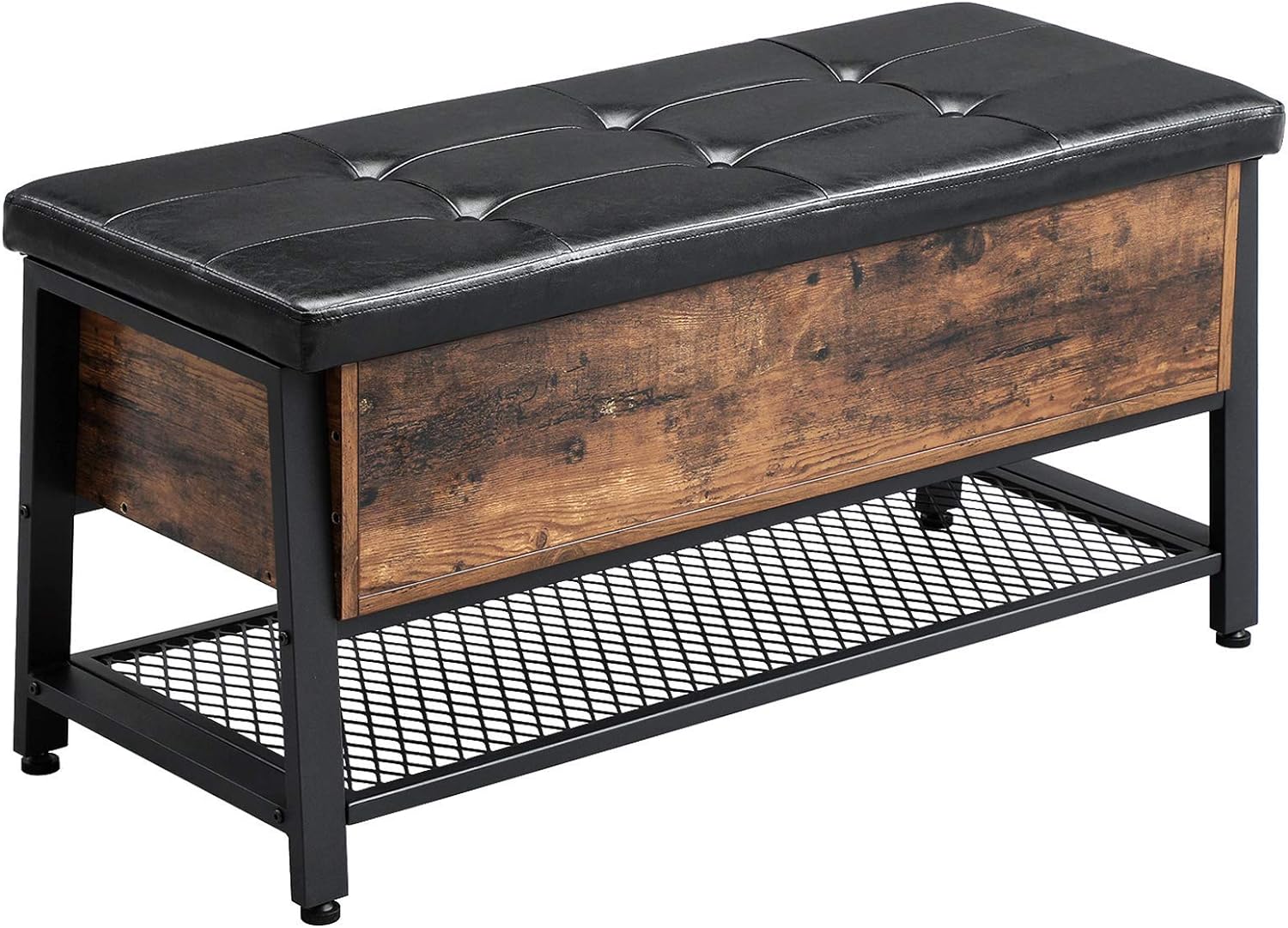 VASAGLE Pantofar de lemn cu spatiu de depozitare tip banca, cu sezut captusit si polita depozitare, stil industrial, 100x40x47cm, maro rustic si negru