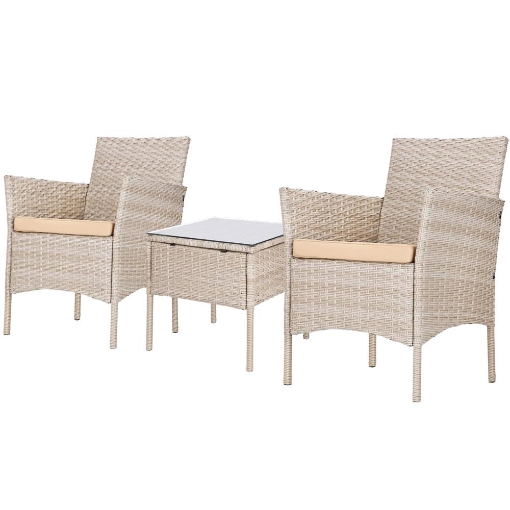 Set mobilier terasa, din tehnorattan, masa cu blat sticla securizata, 2 fotolii cu perne, bej