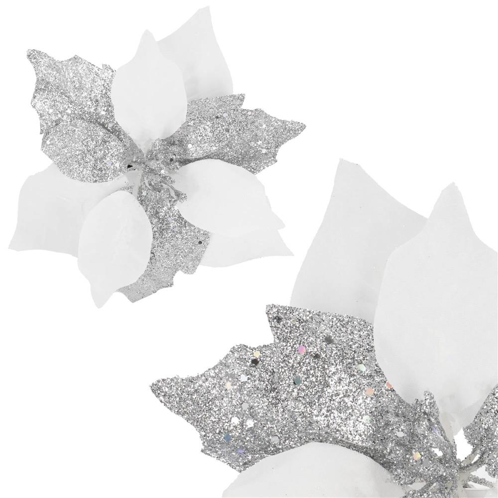 Set 5 ornamente pentru bradul de Craciun, stea Poinsettia, 23cm, alb argintiu