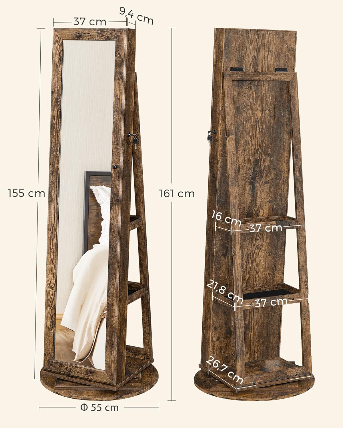 SONGMICS Oglinda de podea cu suport rotativ la 360°, cu spatiu de depozitare, 55x55x161cm, maro rustic
