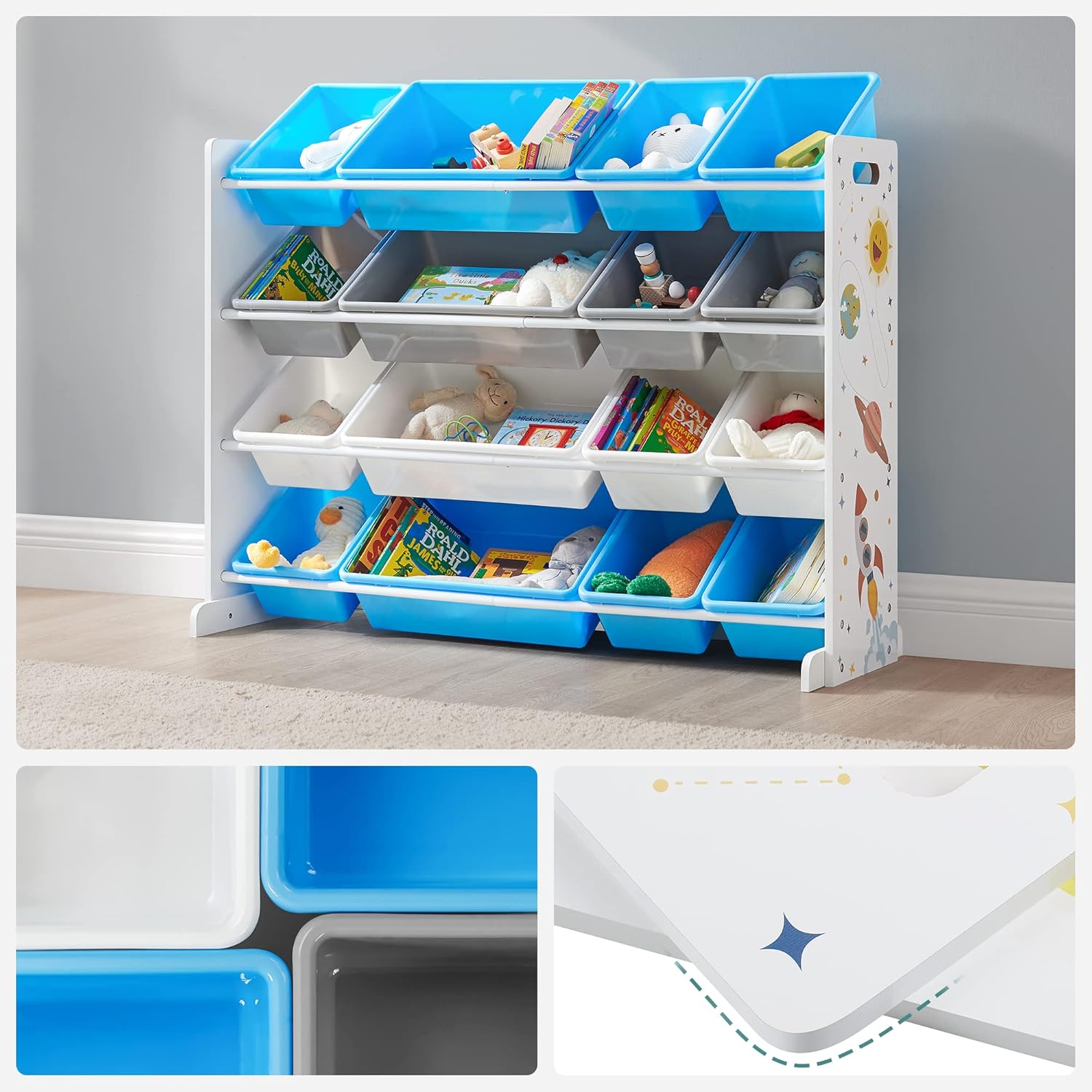 SONGMICS Raft de depozitare jucarii, 16 cutii detasabile din plastic, 89x27x106cm, alb