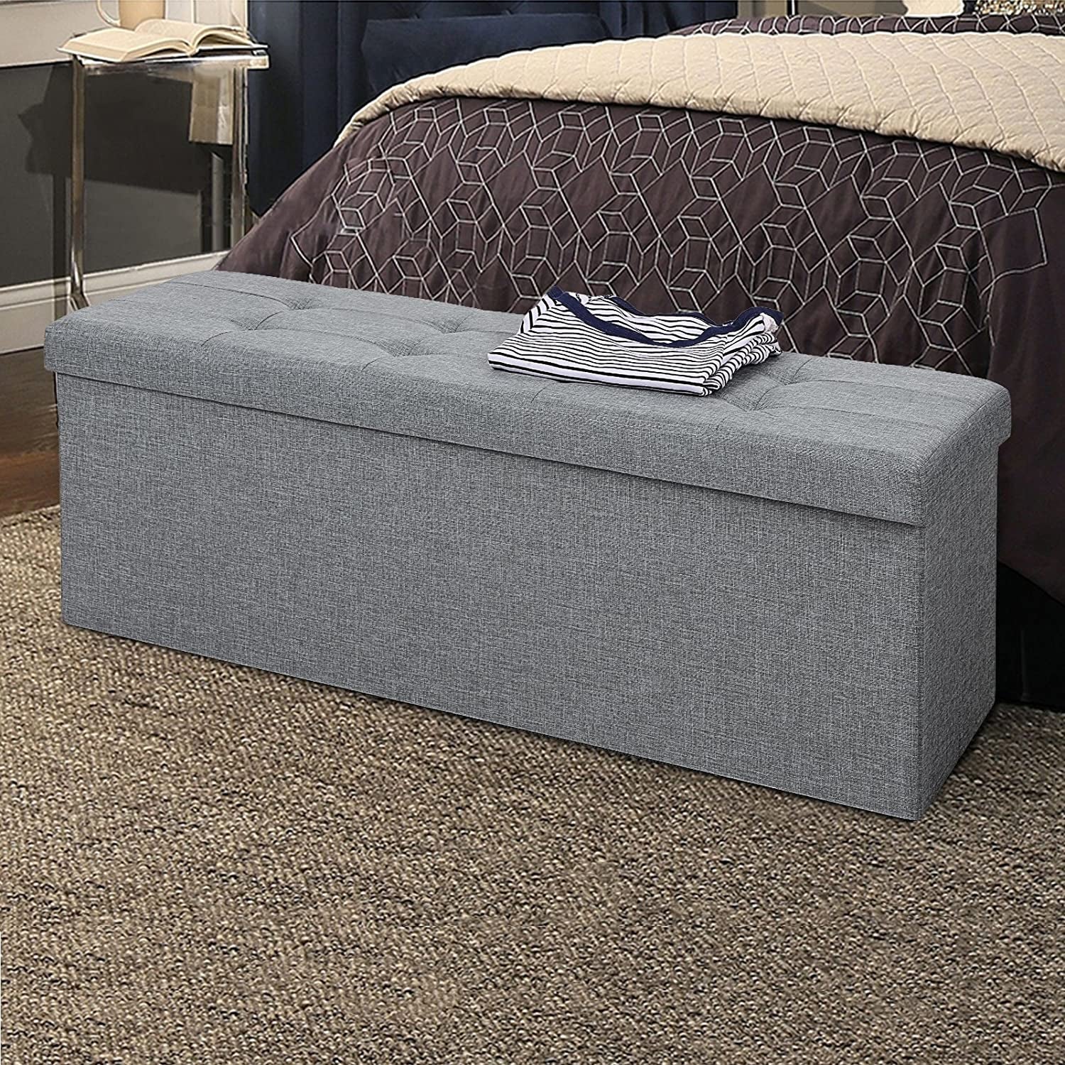 SONGMICS Taburet pliabil cu sezut moale, spatiu de depozitare 131litri, maxim 300kg, 110x38x38cm, gri