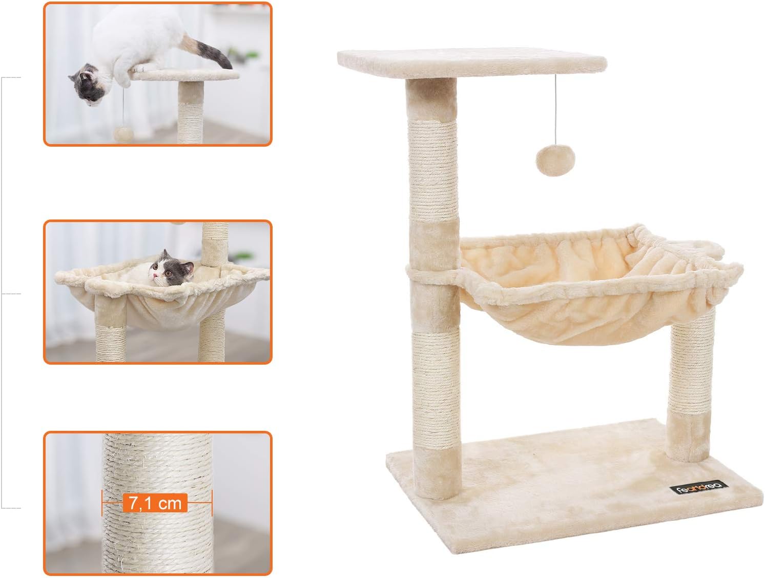 FEANDREA Ansamblu de joaca pisici, tip copac, cu hamac si platforma, 50x36x70 cm, bej
