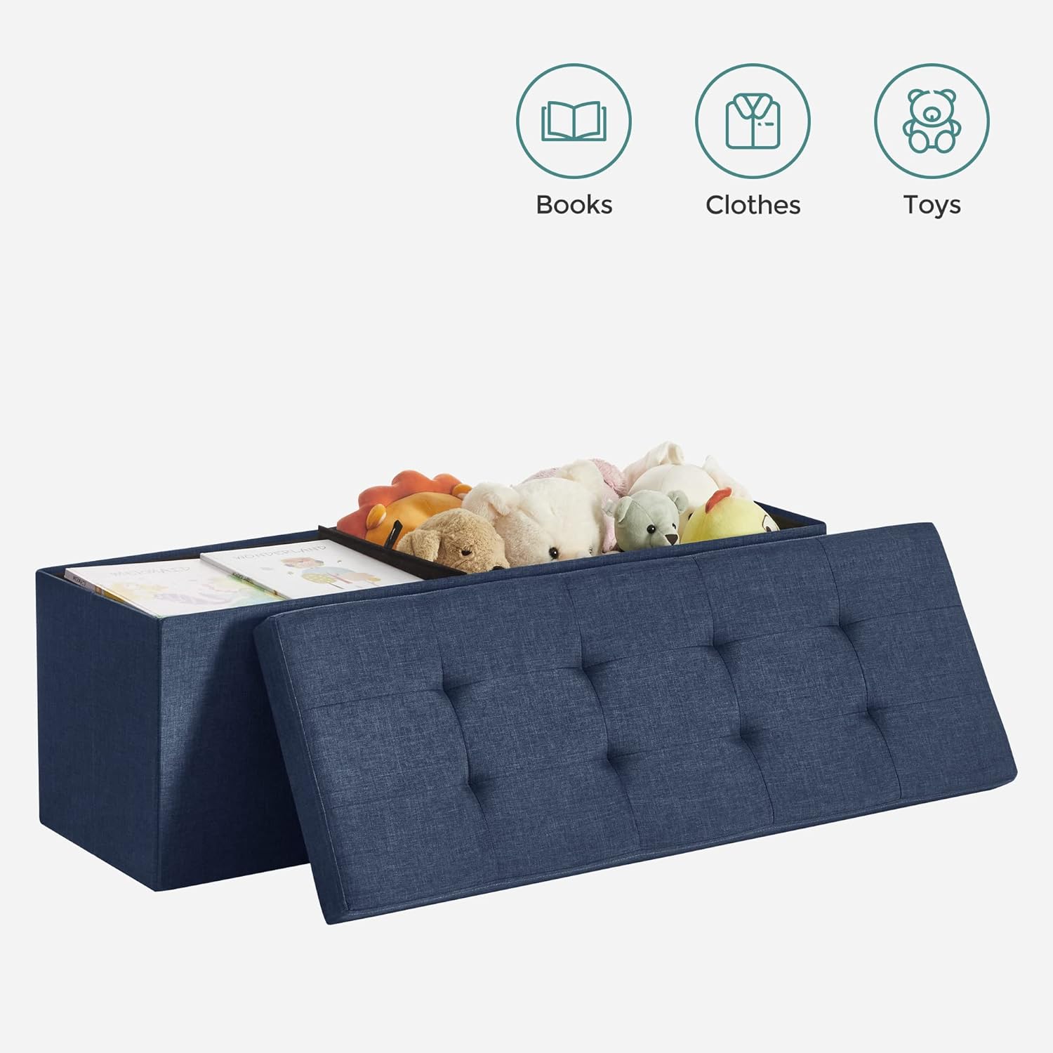 Taburet pliabil cu sezut moale, spatiu de depozitare 131litri, maxim 300kg, 110x38x38cm, albastru inchis