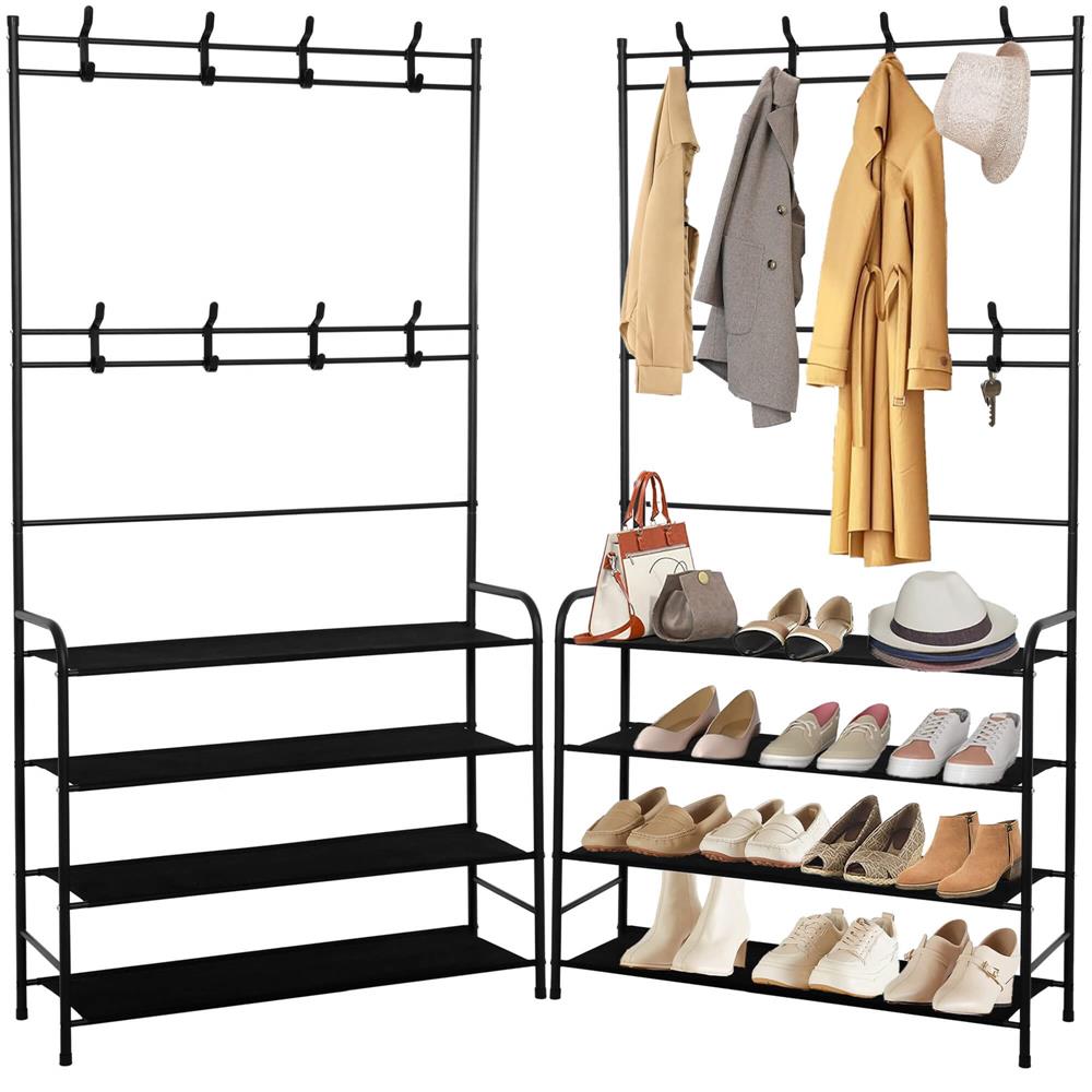 Cuier pentru haine cu banc de depozitare pantofi pe 4 polite, cadru metalic, 25x80x150cm, negru