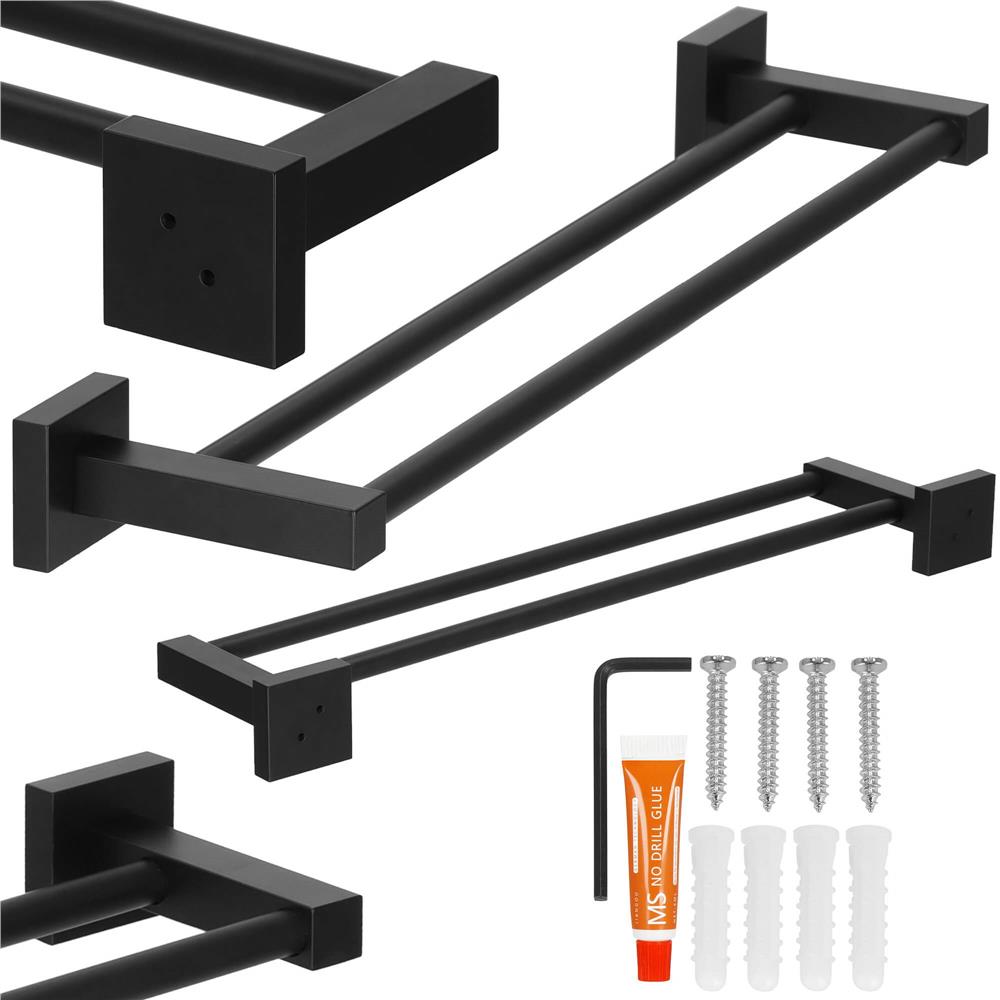 Suport prosoape pentru baie cu 2 sisteme de instalare, 2 brate, din aluminiu, 50x11cm, negru