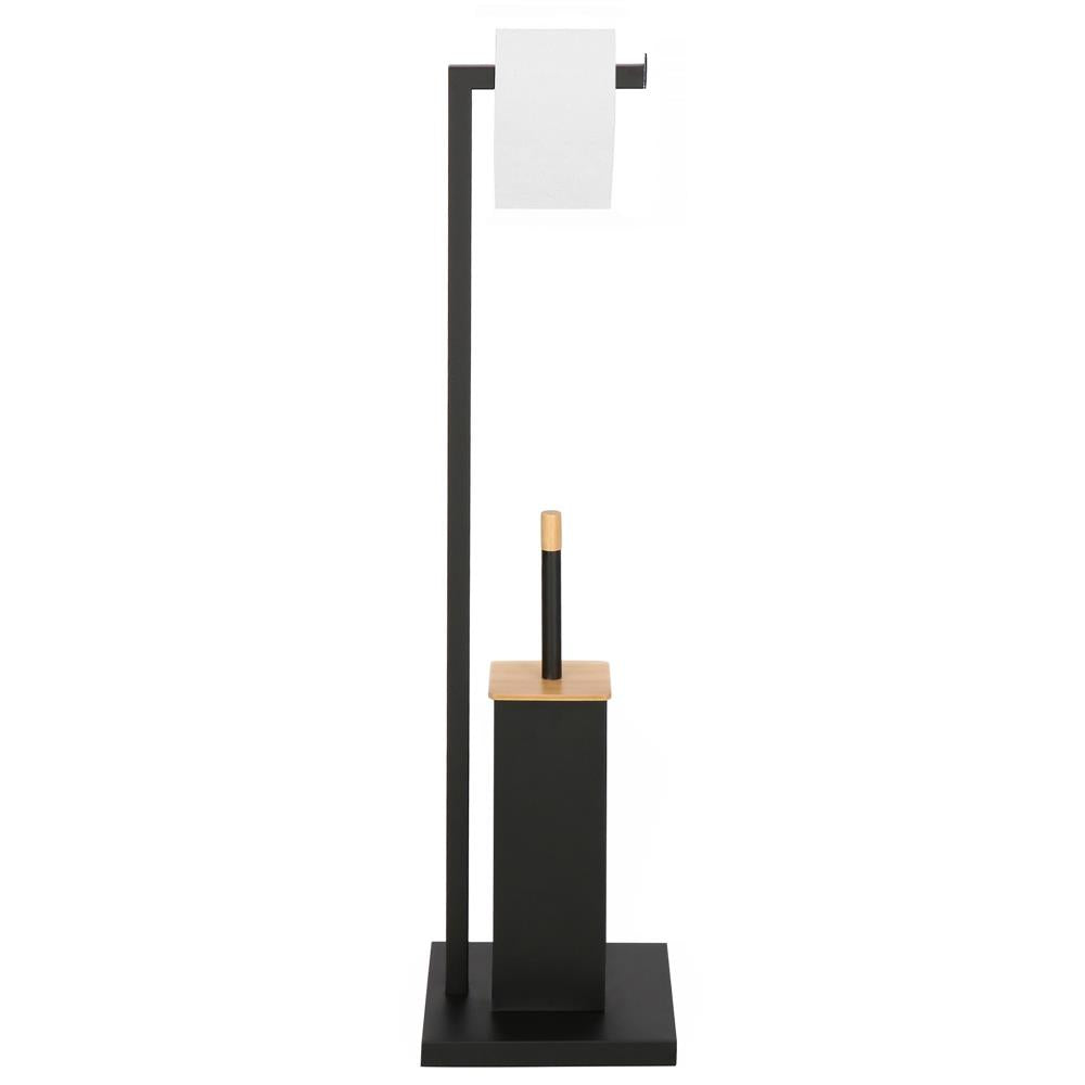 Stand cu perie WC si suport hartie igienica, metal si bambus, 79cm, negru