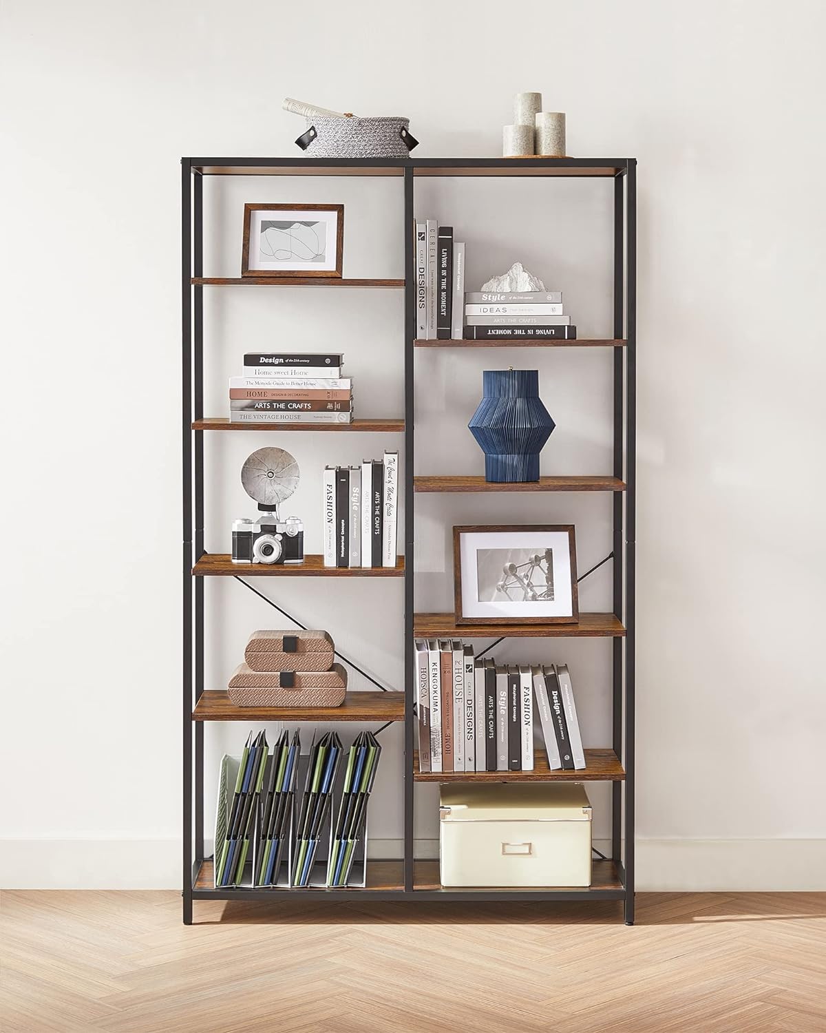 Biblioteca cu suport de depozitare pe 5 etaje, 30x100x170cm, stil industrial, maro rustic si negru
